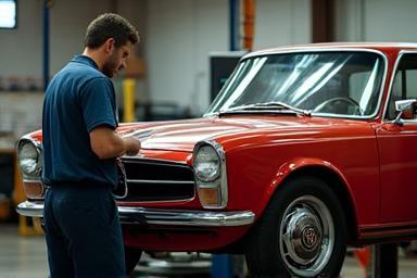 Classic car being assessed in the workshop