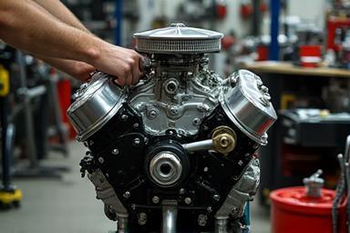 Classic car engine on a stand during rebuild