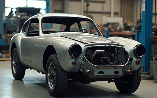 Classic car chassis being repaired in workshop