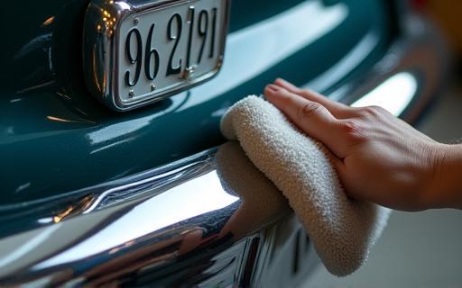 Polishing chrome bumper on a classic car