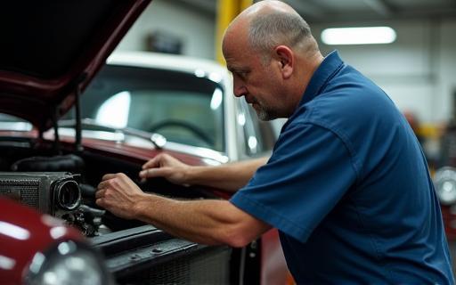 Mechanic inspecting a classic car engine during pre-purchase check